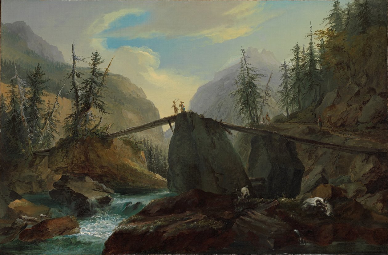 Passarela de madeira sobre o Lütschine perto de Gsteig, 1774. de Caspar Wolf