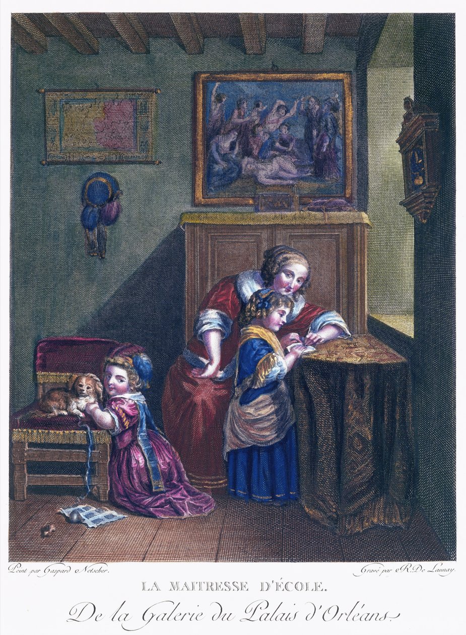 A amante da escola, gravada por R. Delaunay de Caspar after Netscher