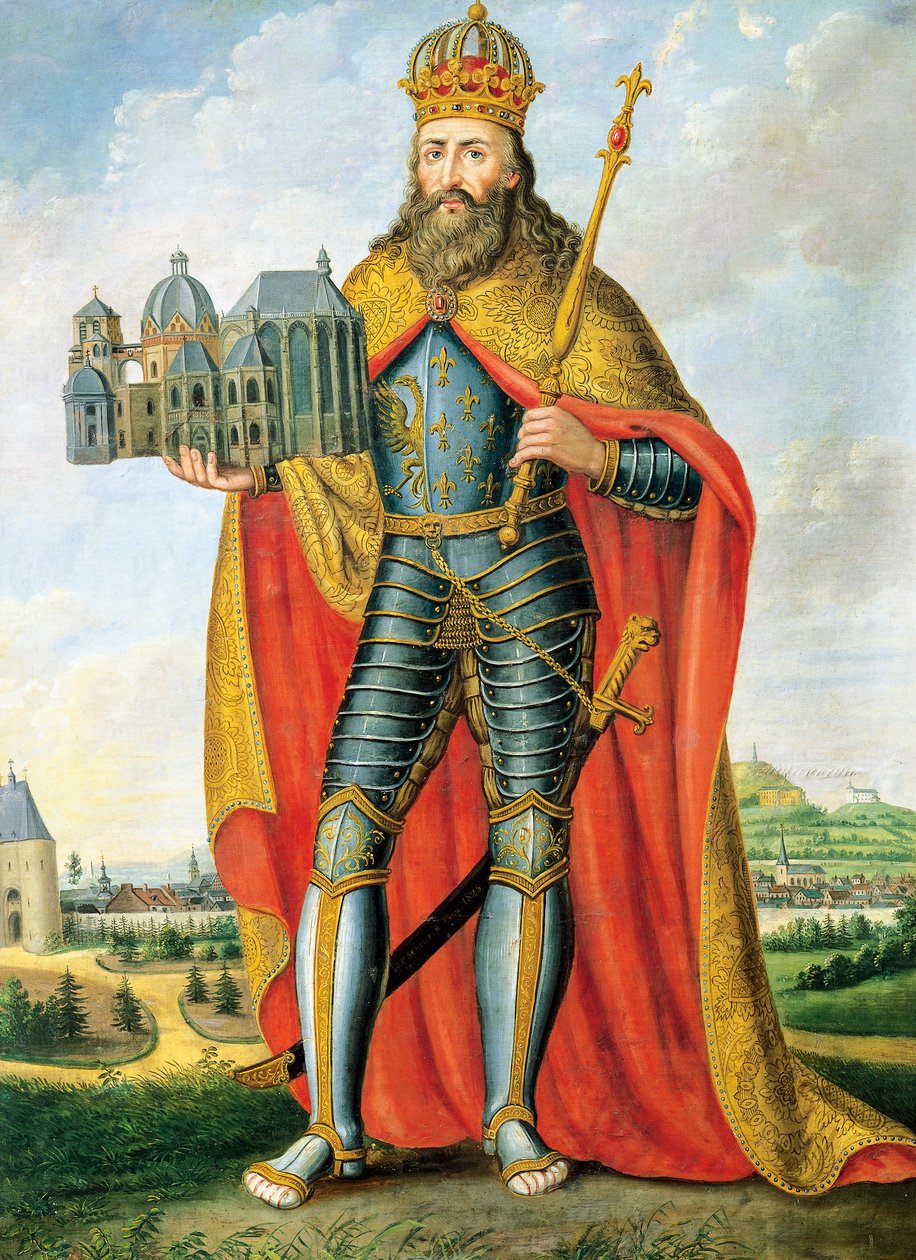 Retrato de Carlos Magno (742 - Aachen, 814), Rei de Francos e Lombardos e Imperador do Sacro Império Romano, em pé com modelo da Capela Palatina, Pintura de Scheuren de Casper Johann Nepomuk Scheuren