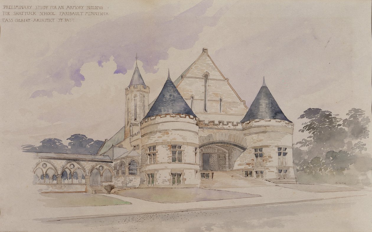 Estudo preliminar para um edifício de arsenal para a Shattuck School, Faribault, Minnesota de Cass Gilbert