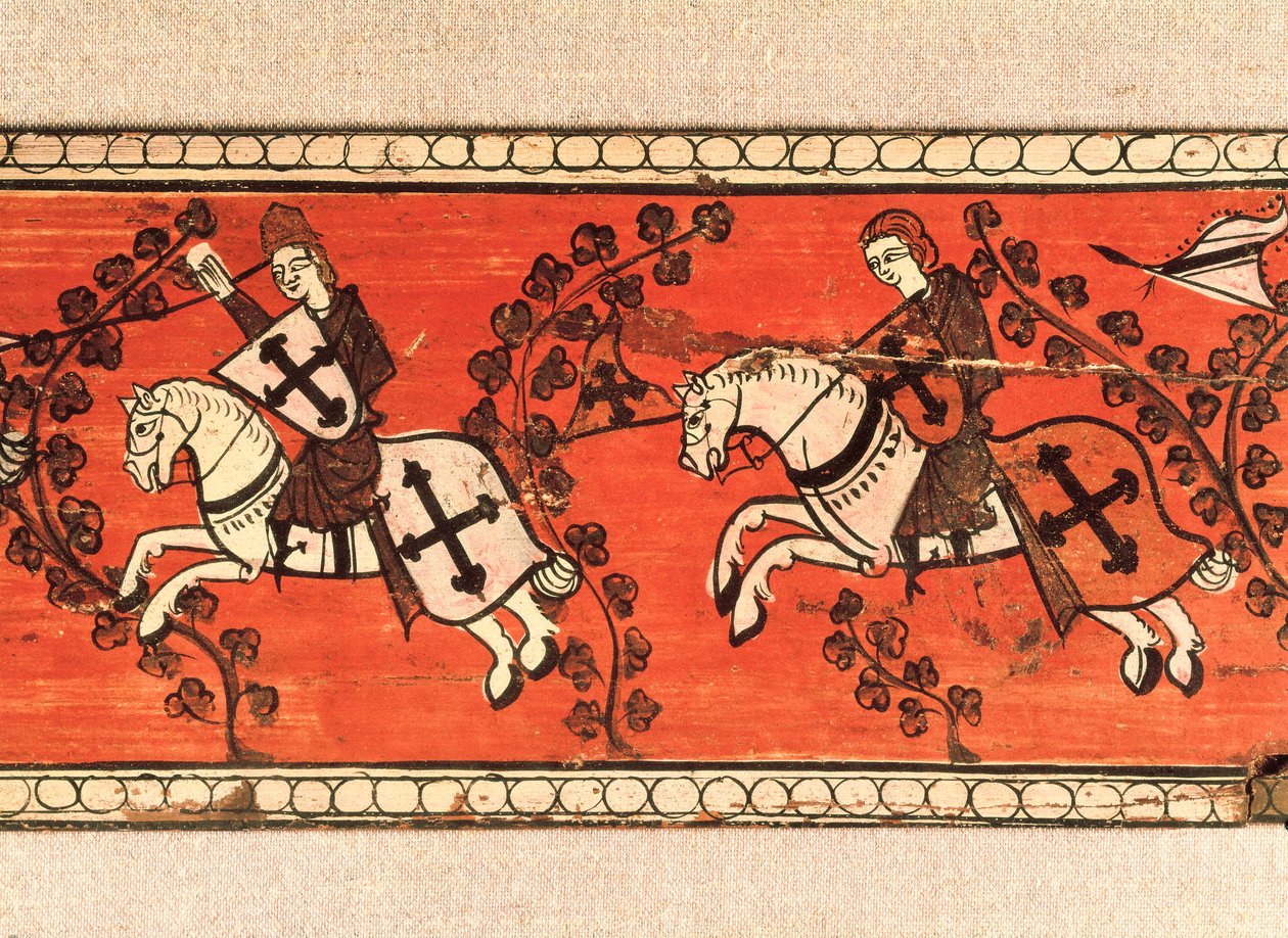 Os cavaleiros trazem bandeiras. Tempera em madeira da decoração de um telhado. Século XIII. de Catalan School