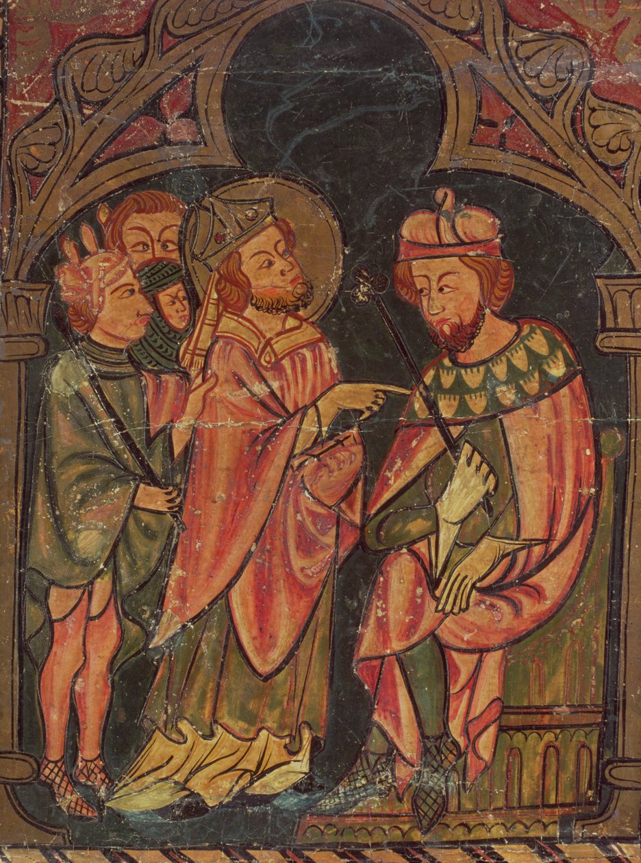 Santo Cipriano (c.200-258) Bispo de Cartago apresentado ao Imperador Valeriano (r.253-60) 1300-25 de Catalan School