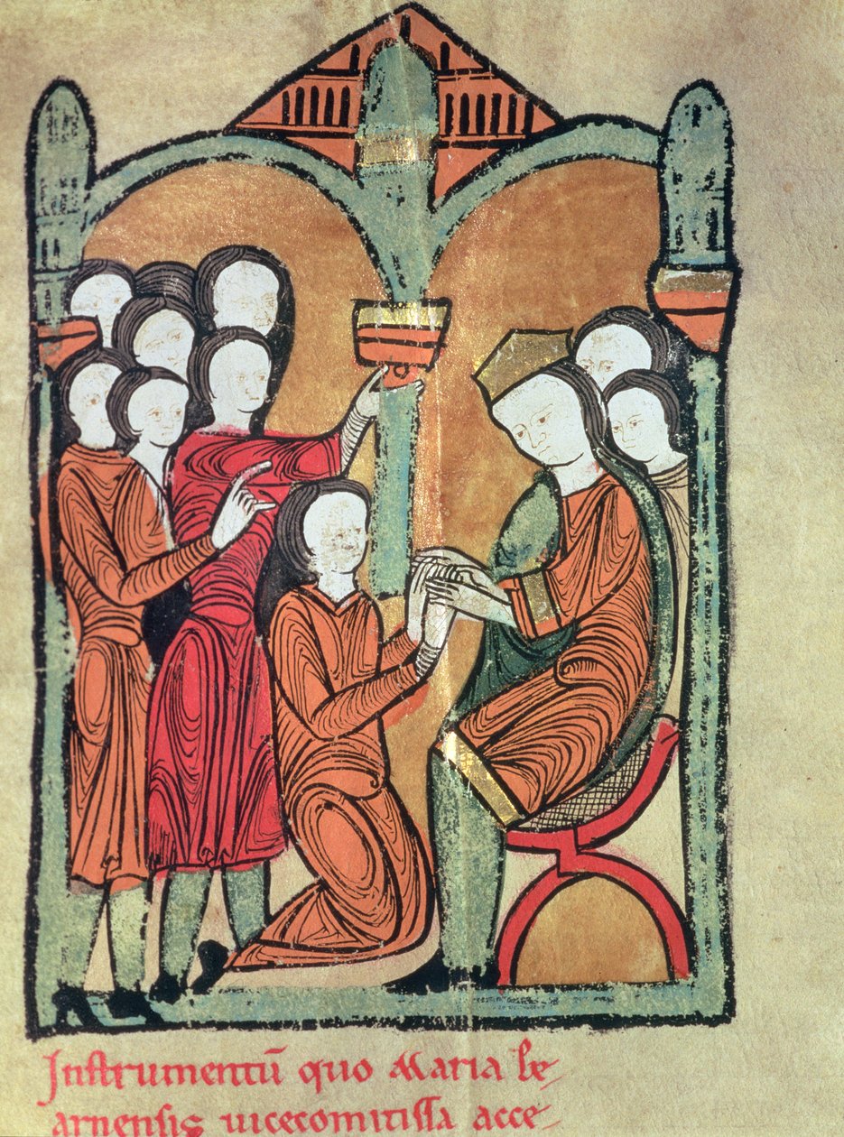 A Condessa de Bearn jura homenagem a Alfonso II de Aragão, prometendo não casar sem o seu consentimento, a partir do manuscrito conhecido como "Liber Feudorum Maior" (vellum) de Catalan School