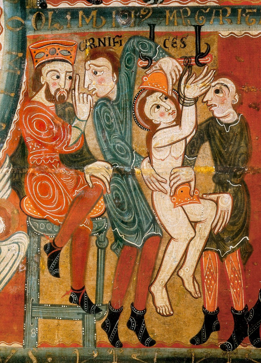 O Martírio de Santa Margarida, a santa sendo torturada e depois decapitada, detalhe (tempera sobre madeira) de Catalan School
