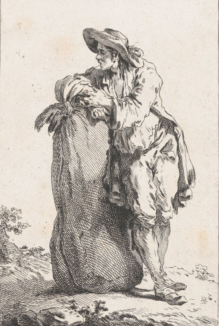 Camponês apoiado em um saco de grãos, 1758. de Catherine Francoise Beauvarlet