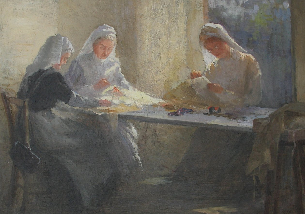 Kensington War Hospital Depot (Kensington Square), três enfermeiras sentado em uma mesa de costura, c.1916 (óleo sobre tela) de Catherine Ouless