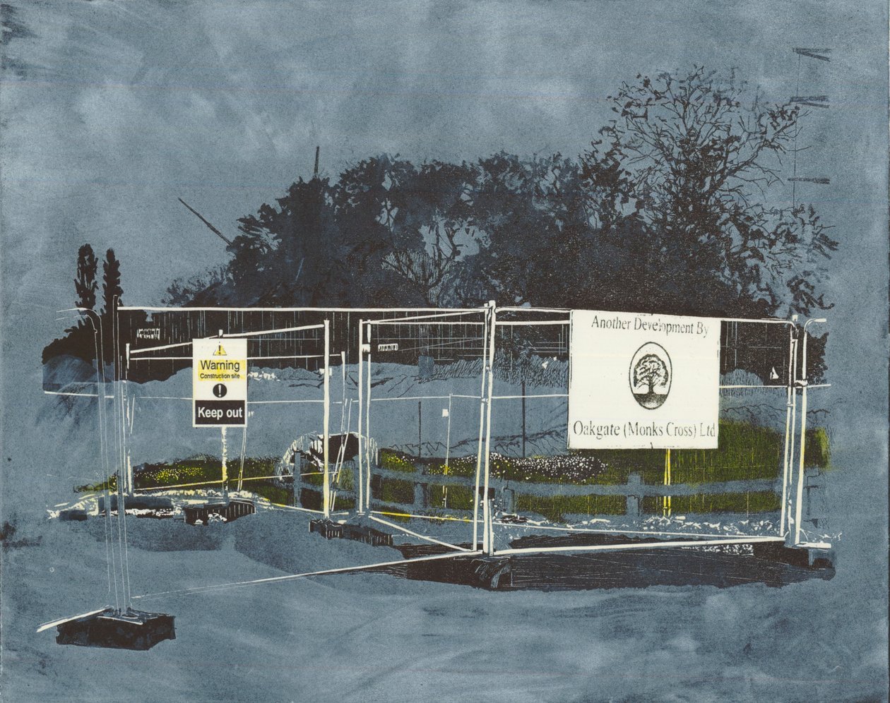 Um impacto na paisagem, 2014 (linóleo e gravura) de Catherine Sutcliffe Fuller