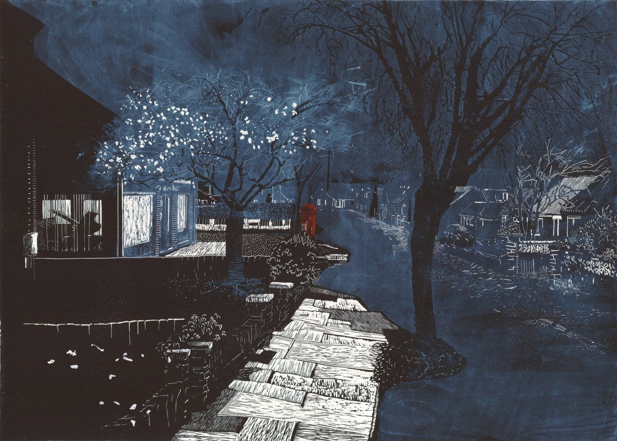 Som da música nos subúrbios, 2012 (linóleo e gravura) de Catherine Sutcliffe Fuller