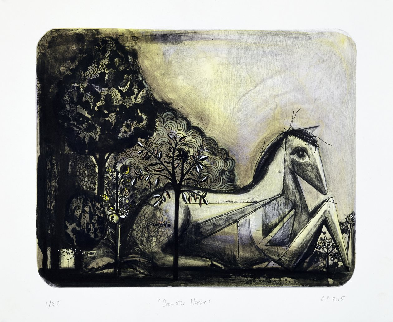 Cavalo Gentil, 2015 (litografia mokulito com coloração manual) de Cathie Pilkington