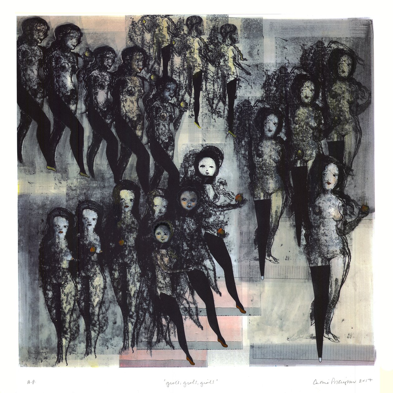Raparigas, raparigas, raparigas, 2017 (litografia colorida à mão) de Cathie Pilkington