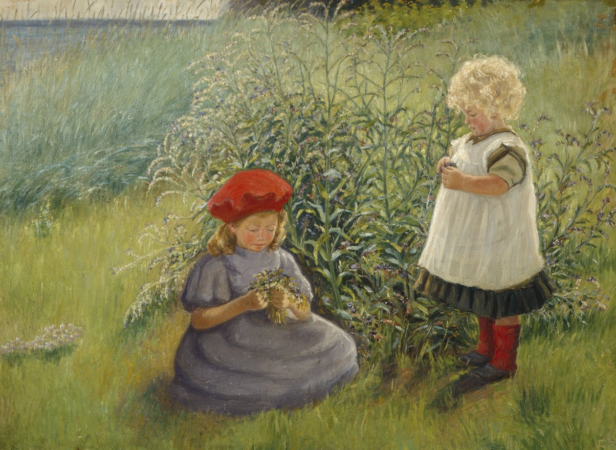 Duas raparigas a apanhar flores (óleo sobre tela) de Cathrine Zernichow