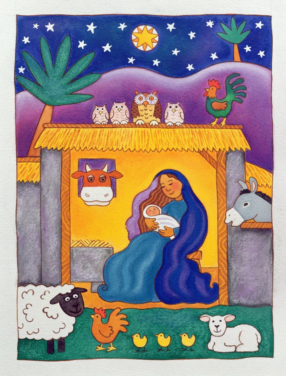 Uma natividade do Farmyard, 1996 (wc) de Cathy Baxter