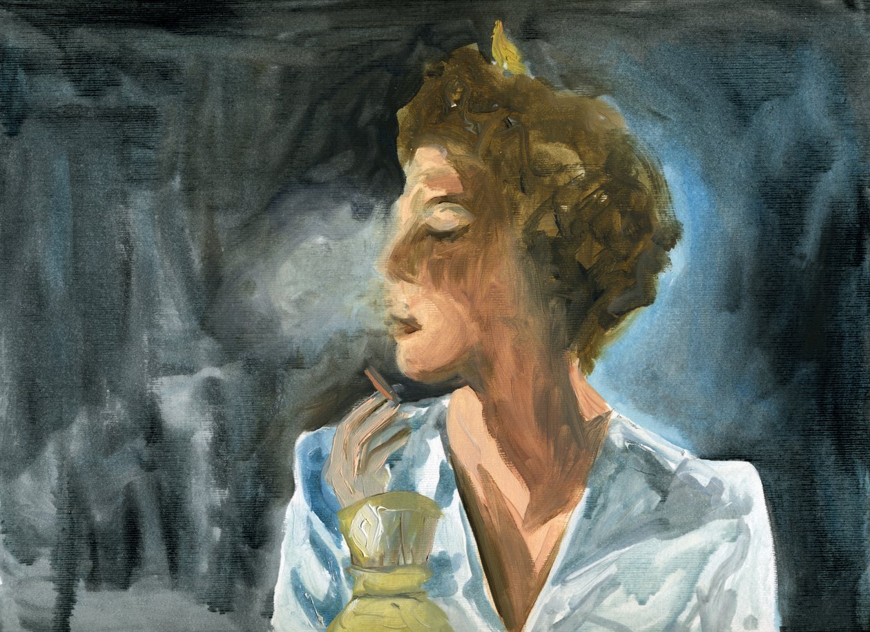 23.10.09 - Ela fumou um último cigarro antes de ir para a cama, 2009 (óleo sobre papel) de Cathy Lomax
