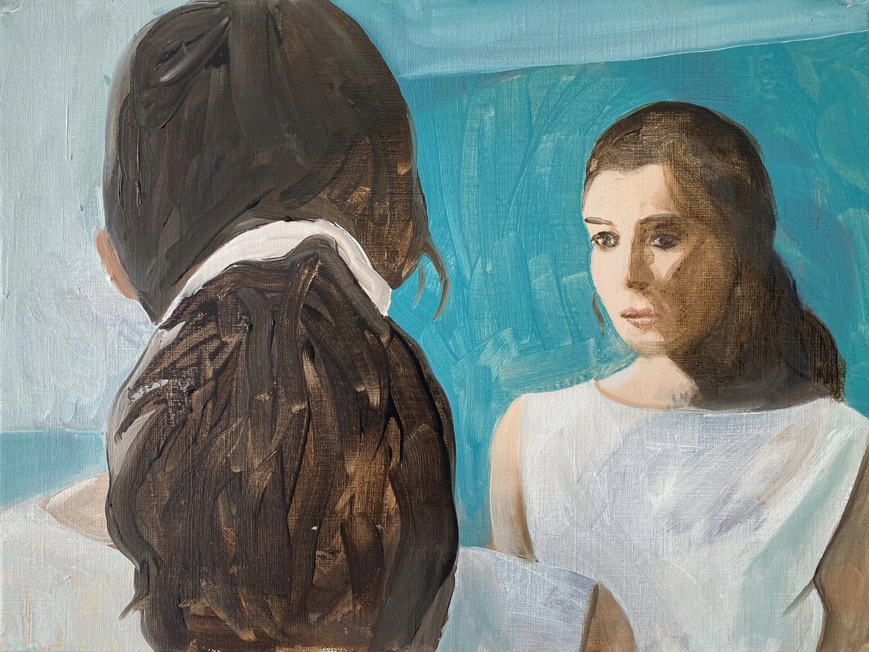 Auto-exame, 2023 (óleo sobre papel) de Cathy Lomax
