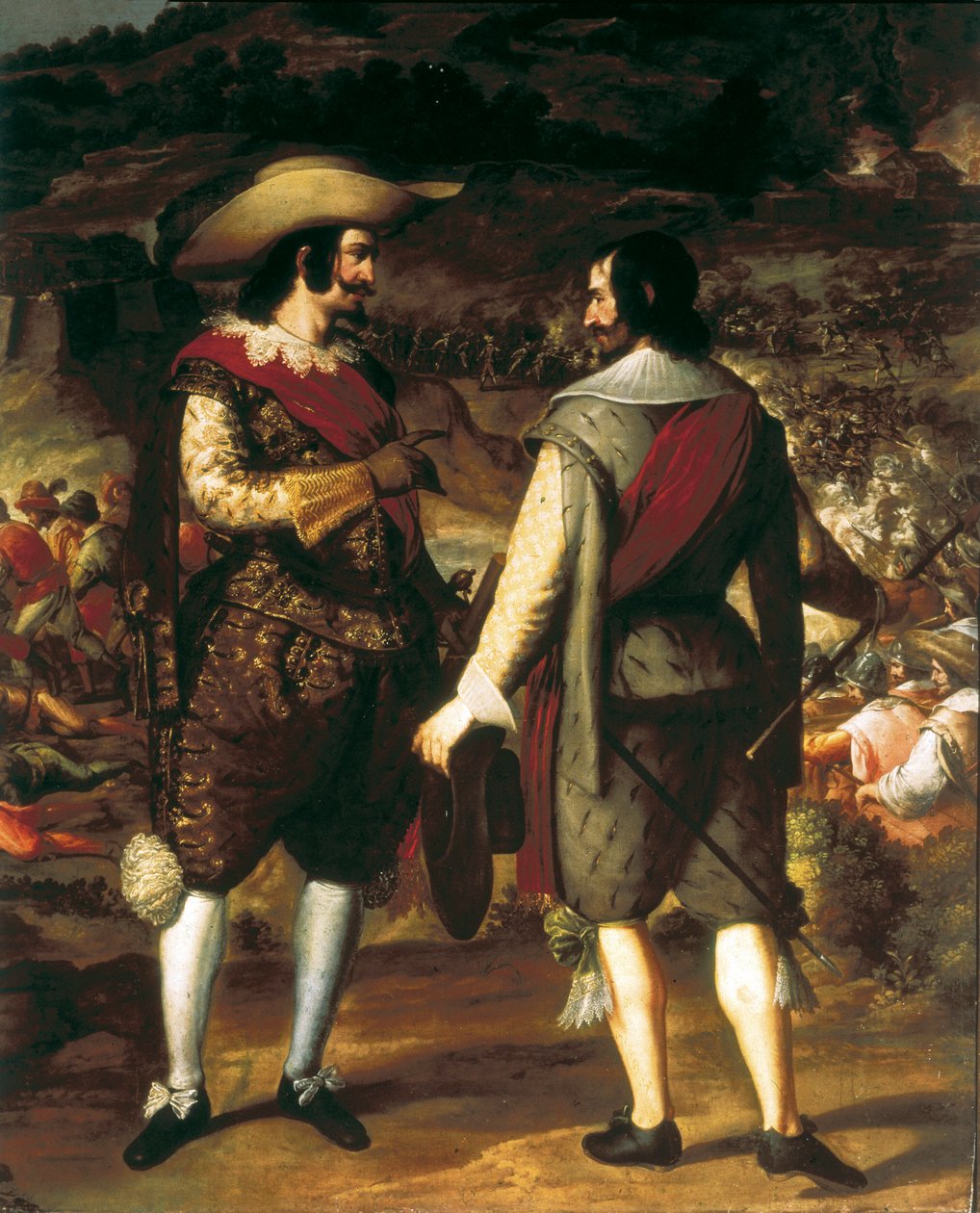 A captura de San Juan em Porto Rico (Porto Rico) (1625). Detalhe. Em primeiro plano, Don Juan de Haro fala com o seu assistente. Atrás dele, a fortaleza guardada pelos espanhóis que obrigam os holandeses a partir. Pintura de Eugenio Caxes ou Cajes (1577-16 de Caxesi or Caxete Eugenio Caxes