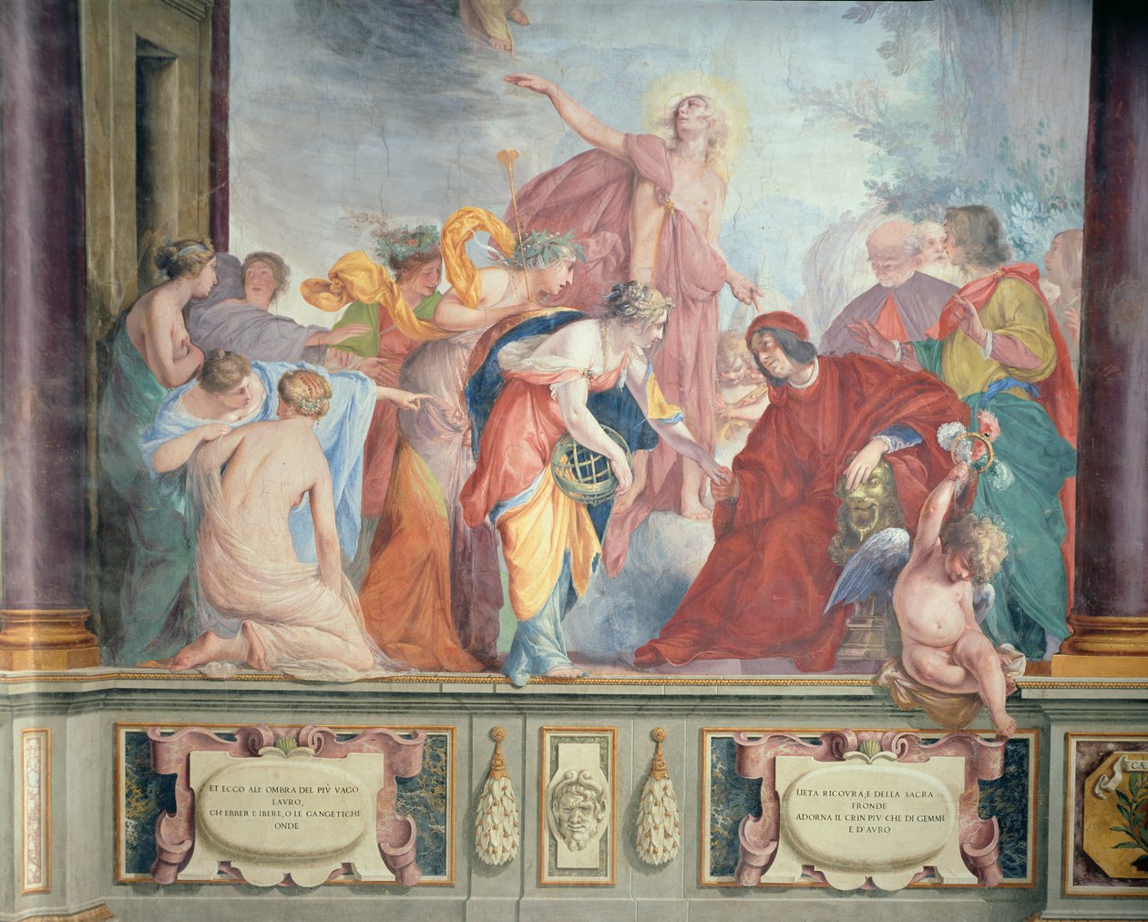 Lorenzo de Medici e Apollo dão boas-vindas às musas e virtudes a Florença de Cecco Bravo