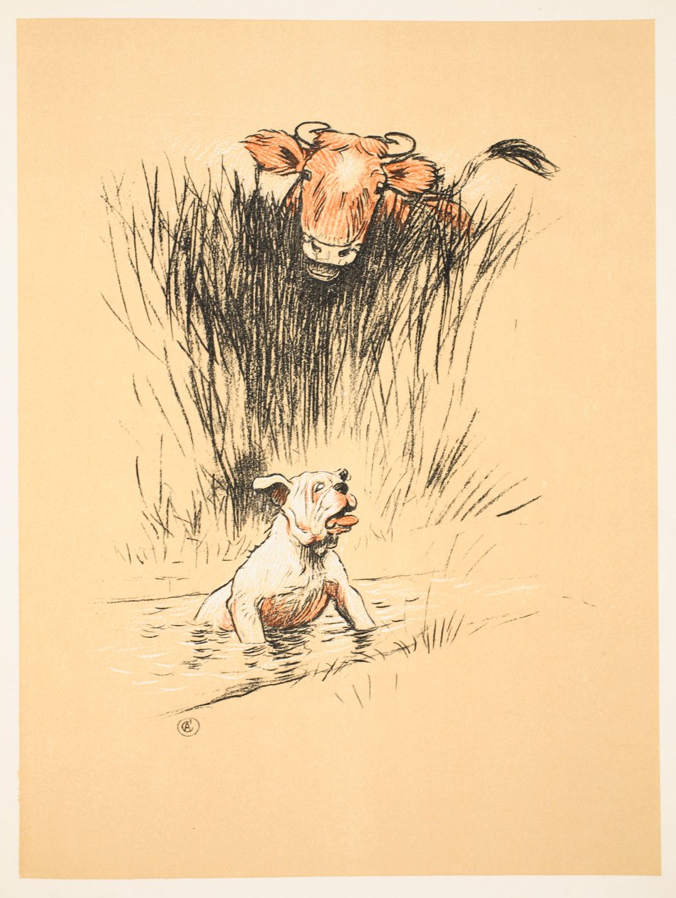 Touro e cachorro no campo de Cecil Charles Windsor Aldin