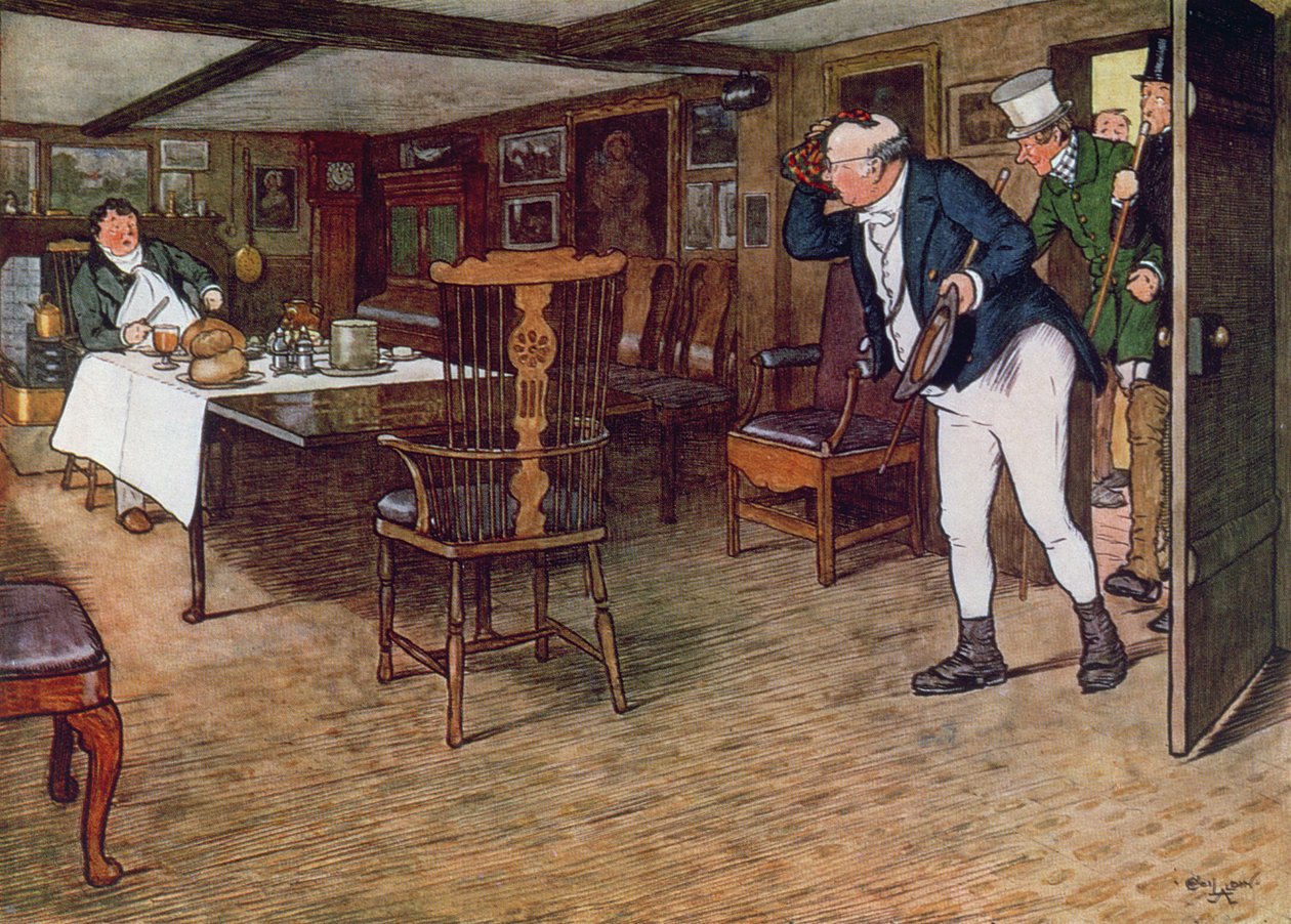 O Sr. Pickwick encontra o Sr. Tupman almoçando na Leather Bottle, Cobham, 1910 (gravura colorida) de Cecil Charles Windsor Aldin
