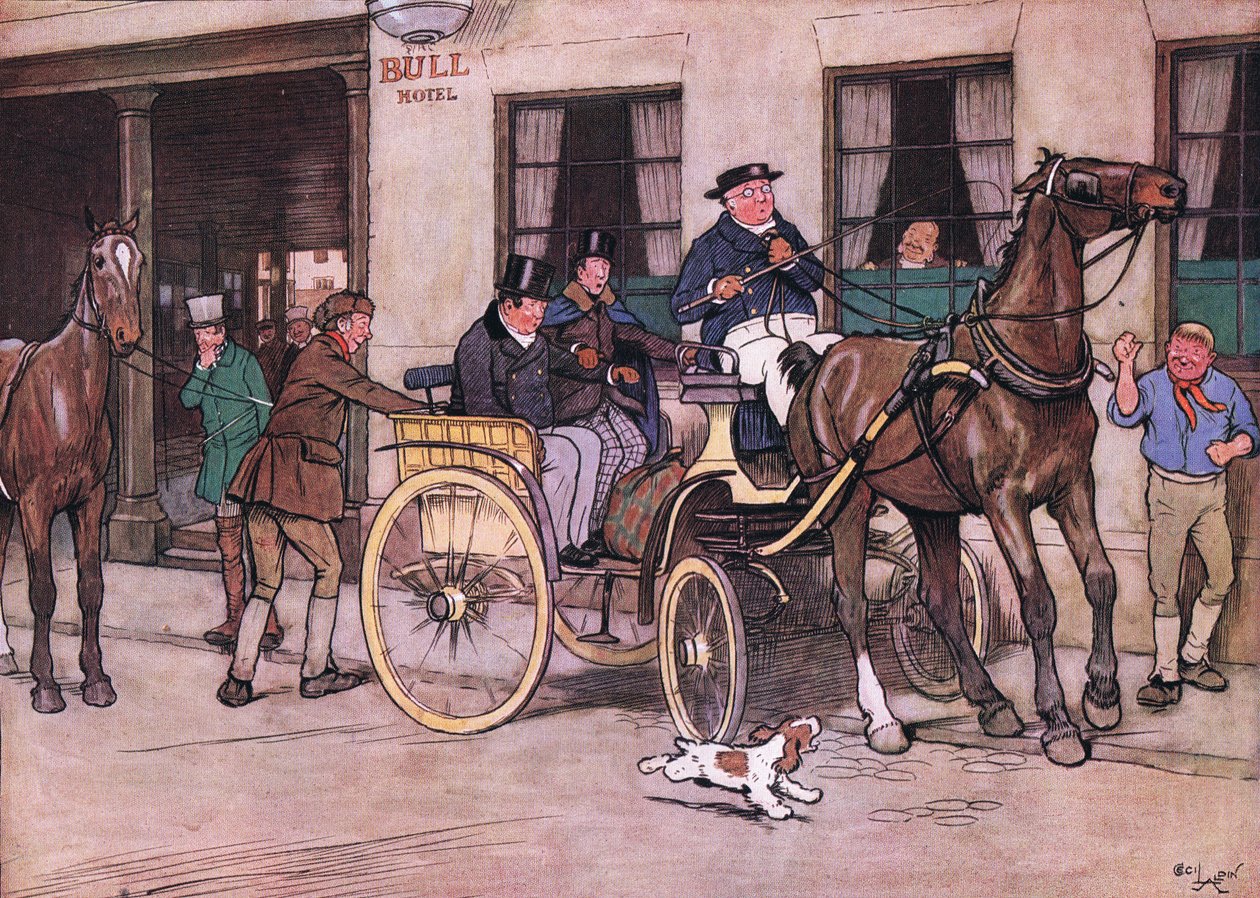 Wo-o! gritou o senhor Pickwick. Wo-o! Ecoou o Sr. Tupman e o Sr. Snodgrass do lixo de Cecil Charles Windsor Aldin