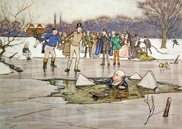 Um rosto, cabeça, ombros, surgiu debaixo de água e revelou as feições e os espectáculos do Sr. Pickwick