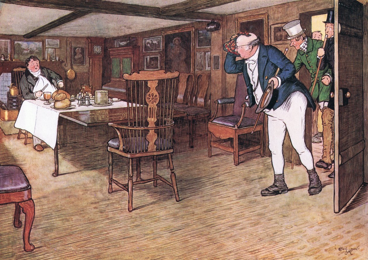 À mesa sentou-se o Sr. Tupman, parecendo diferente de um homem que se tinha despedido deste mundo (cor litho) de Cecil Charles Windsor Aldin