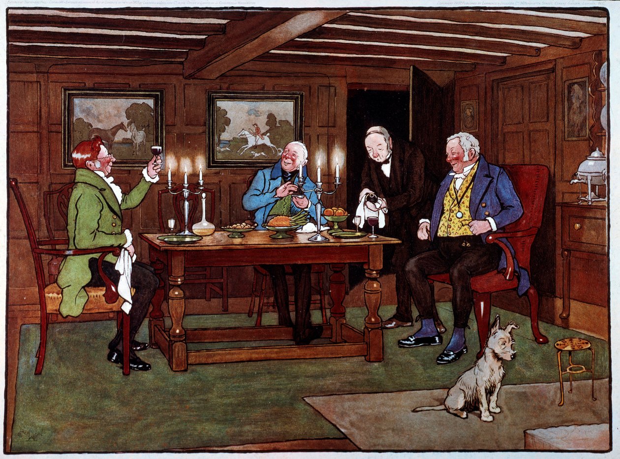 Bebedores Connoisseurs a saborear um copo de vinho do Porto. Aguarela de Cecil Aldin (1870-1935) Colecção Privada do século XIX de Cecil Charles Windsor Aldin
