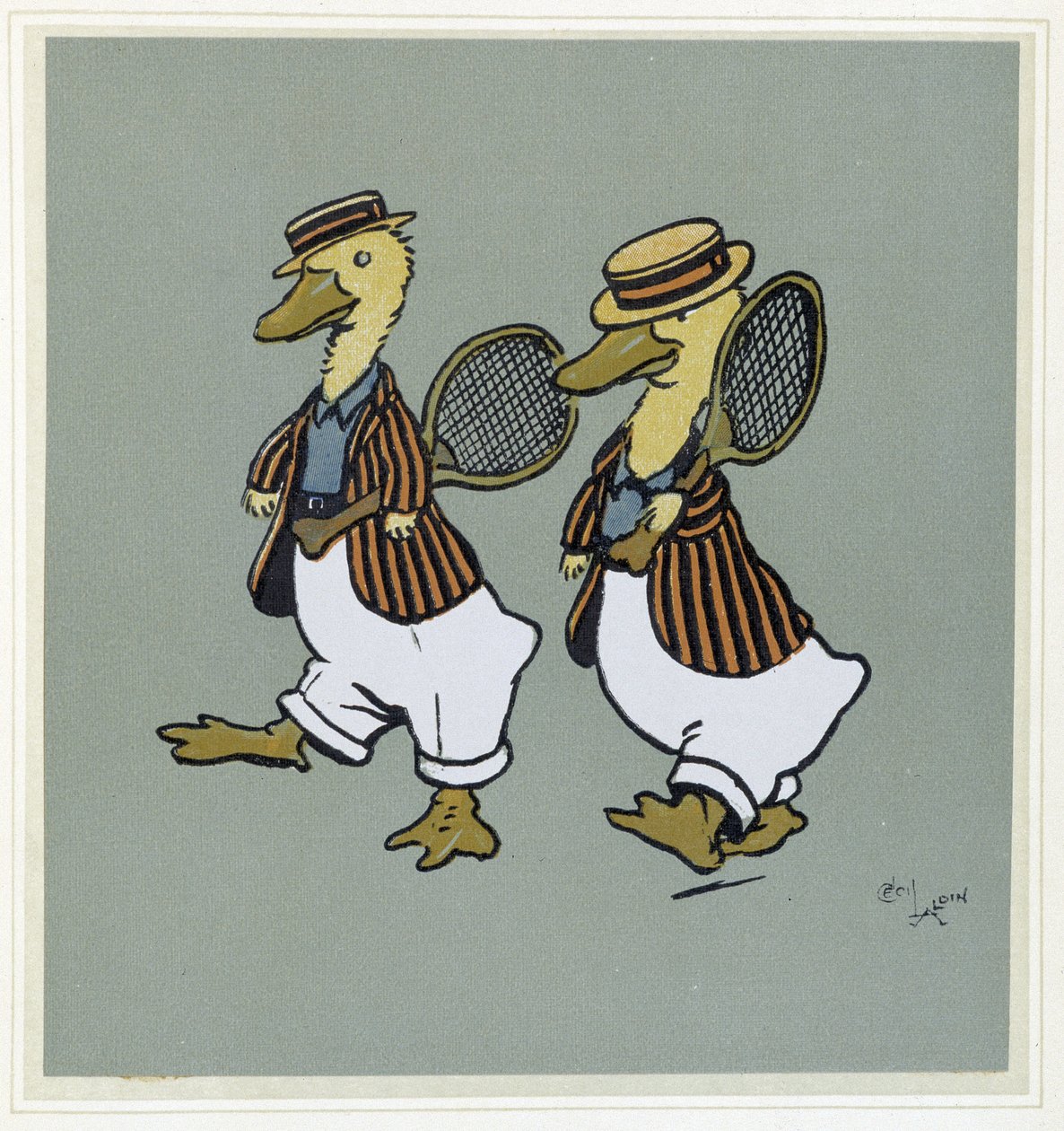 Deux ducks en suit de tennis - in "Merry Party", ill. by Cécil Aldin, ed. Hodder & Stoughton, London de Cecil Charles Windsor Aldin