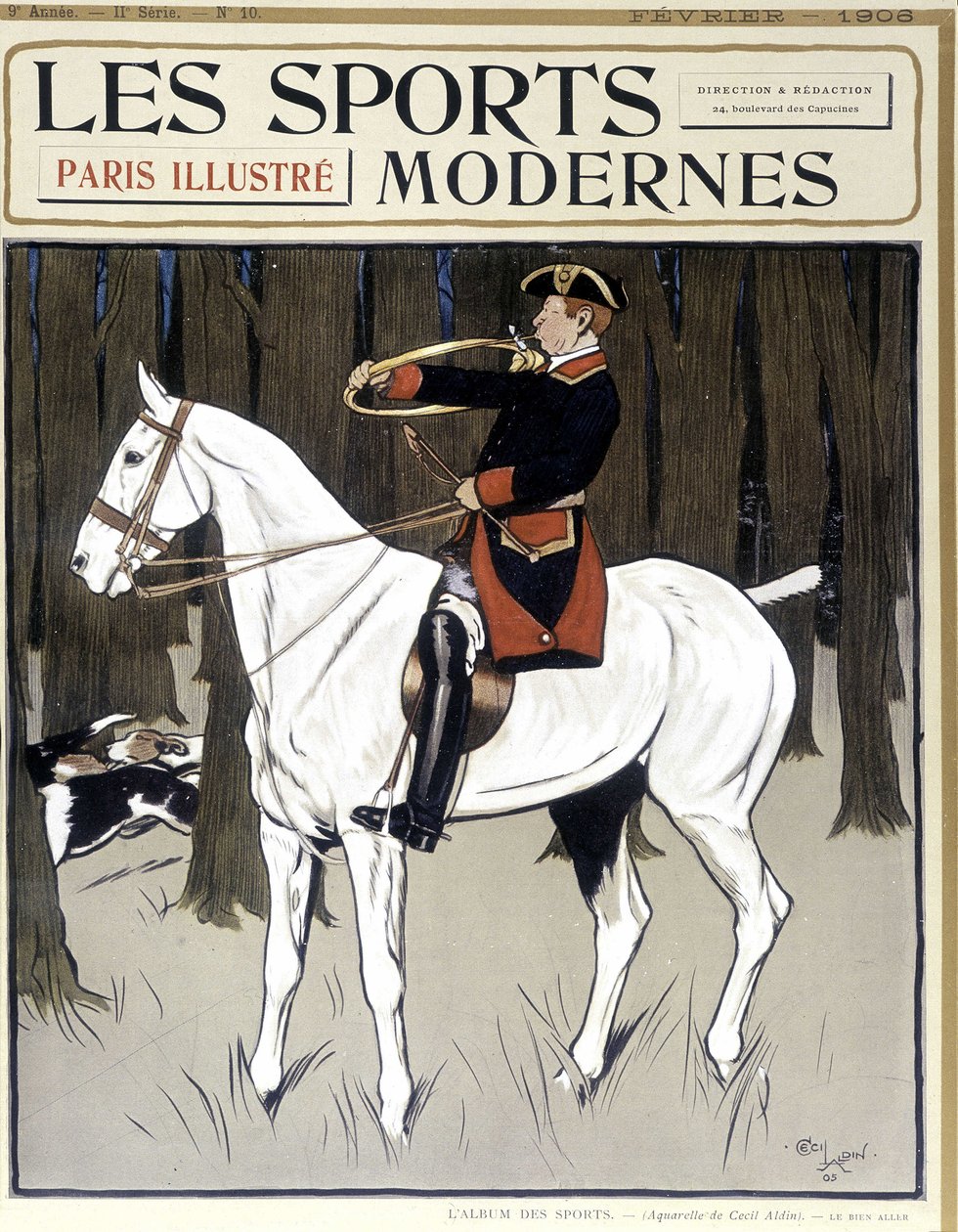 Caça (um homem a cavalo encorajando os cães) Capa "Modern Sports" 02/1906 de Cecil Charles Windsor Aldin