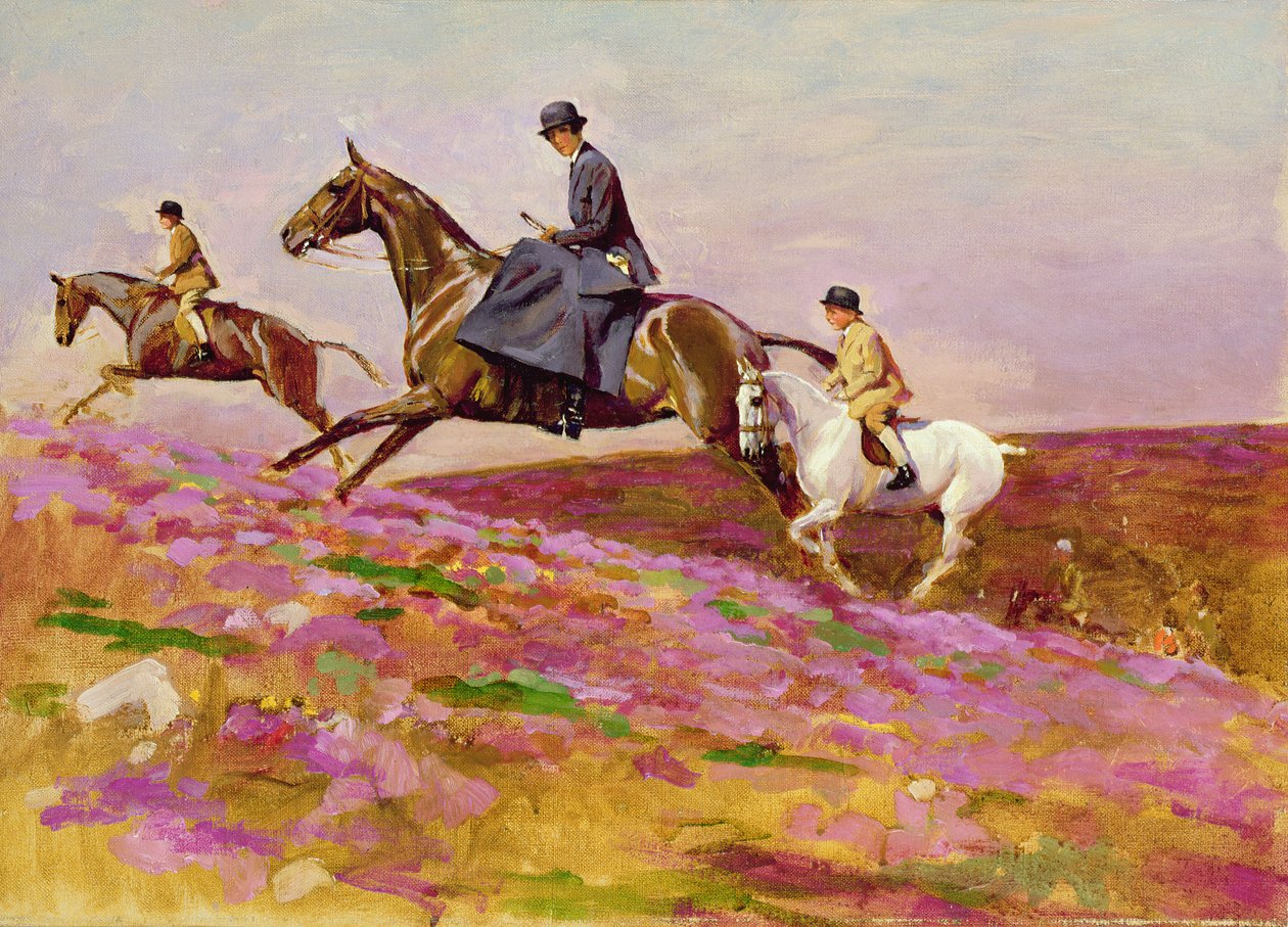 Lady Currie com seus filhos Bill e Hamish Hunting on Exmoor (óleo sobre tela) de Cecil Charles Windsor Aldin