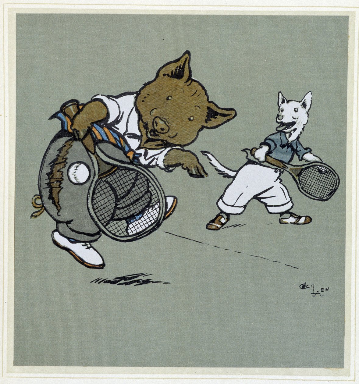 Porco e raposa jogando tênis - em "Merry Party", ill. by Cécil Aldin, ed. Hodder & Stoughton, London de Cecil Charles Windsor Aldin