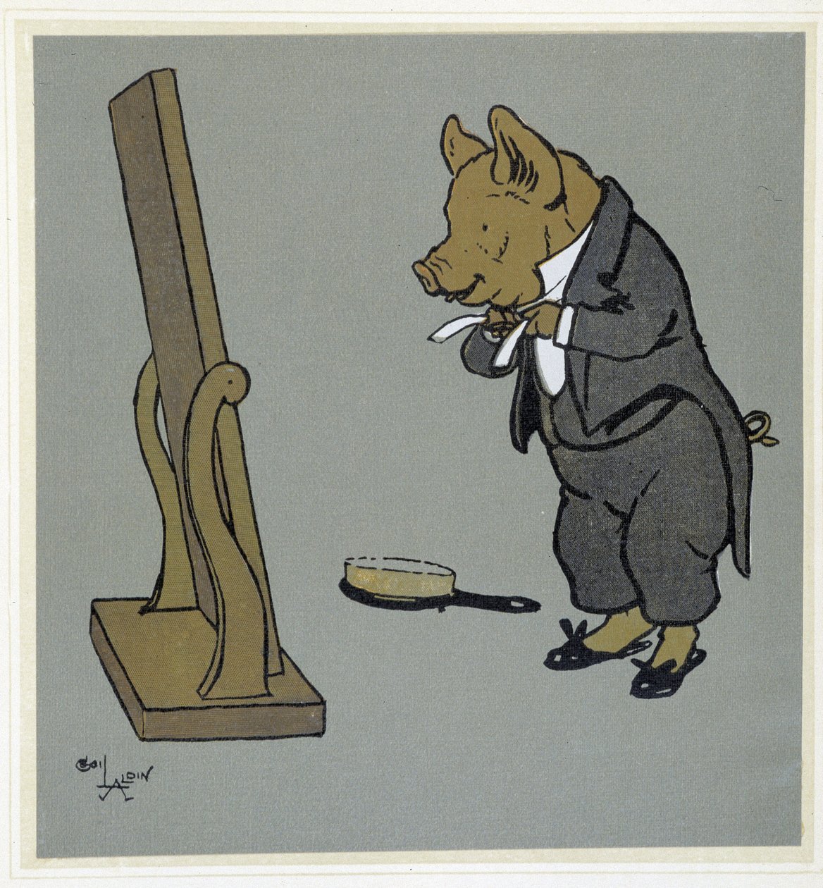 Pig se grooming, adjustant son knot de tie devant un miroir - in "Merry Party", ill. by Cécil Aldin, ed. Hodder & Stoughton, London de Cecil Charles Windsor Aldin