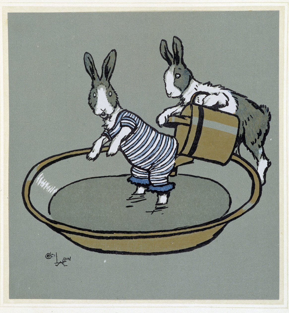 Rabbits prennant un bain - in "Merry Party", ill. by Cécil Aldin, ed. Hodder & Stoughton, London de Cecil Charles Windsor Aldin