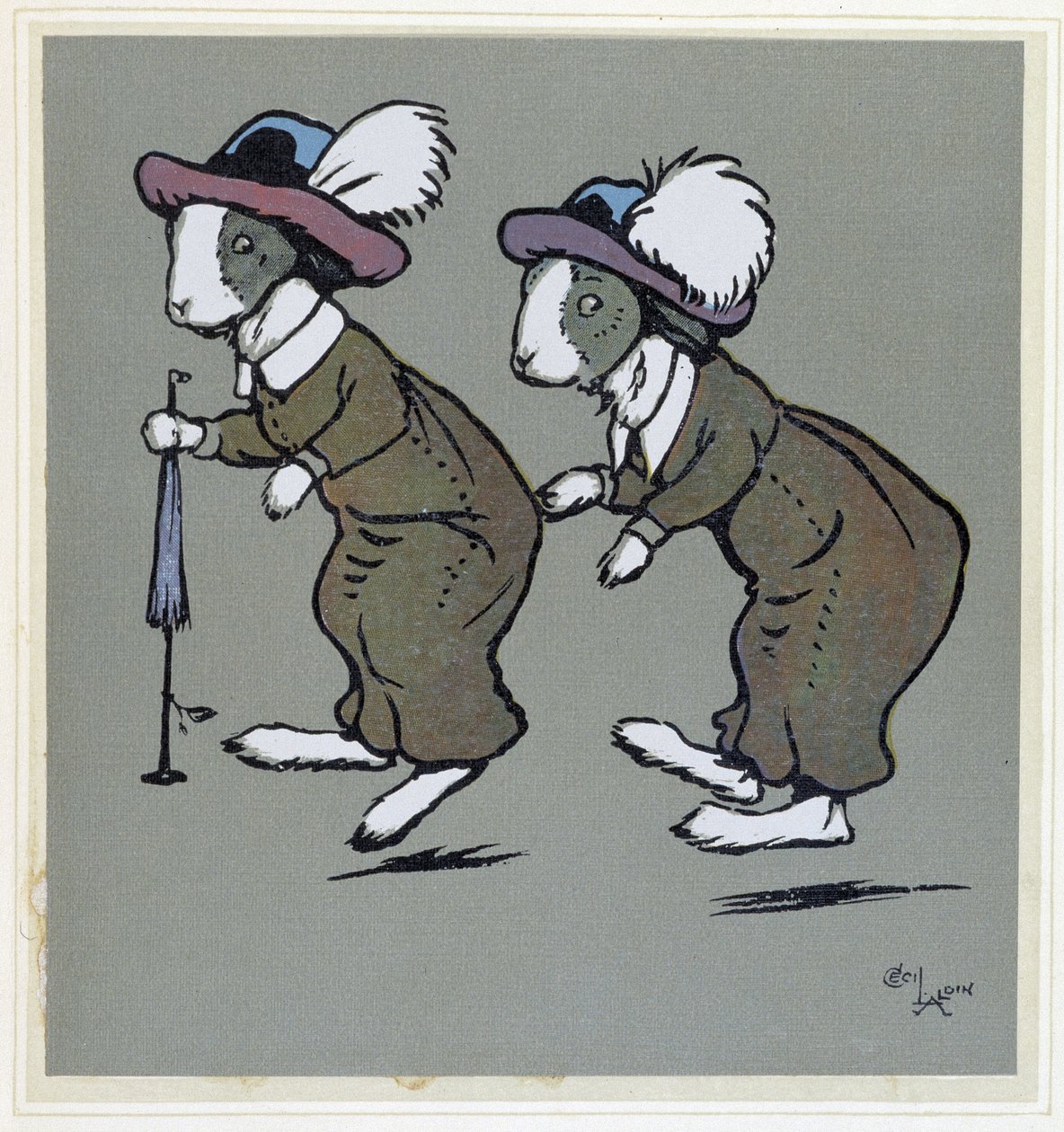 Coelhos com chapéus - em "Merry Party", ill. by Cécil Aldin, ed. Hodder & Stoughton, London de Cecil Charles Windsor Aldin
