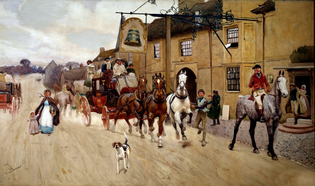 Pare a diligência diante da pousada do sino em Stilton Watercolour de Cecil Aldin (1870-1935) Coleção Privada do século XIX de Cecil Charles Windsor Aldin