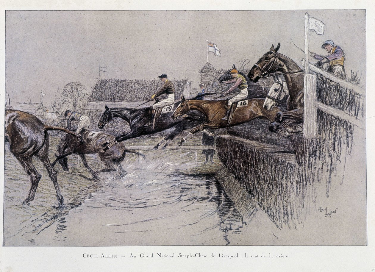 A Grande Perseguição Nacional de Estepe em Liverpool: The Jumping of the River - desenho de Cecil adlin de Cecil Charles Windsor Aldin