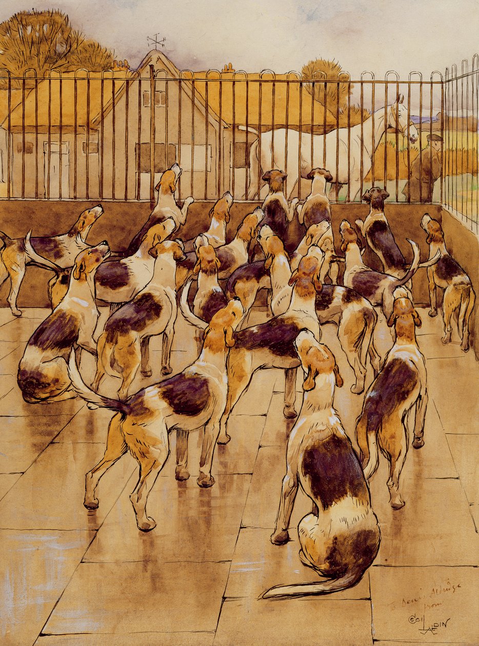 Os Hounds começaram subitamente a uivar em coro (grafite, caneta e tinta e papel no papel) de Cecil Charles Windsor Aldin