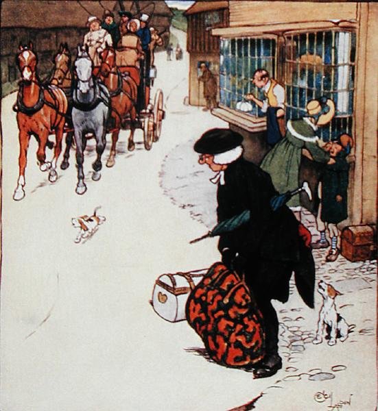 A buzina, tocada na entrada de uma aldeia, produz uma agitação geral", ilustração de "Old Christmas" de Washington Irving (1783-1859) publicada por Hodder e Stoughton de Cecil Charles Windsor Aldin