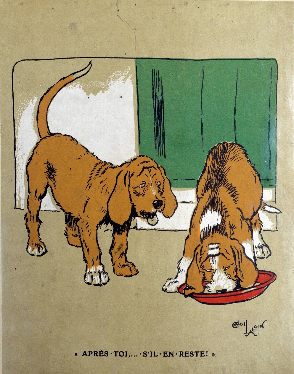 A lei do mais forte: "Depois de ti, se sobrar algum..." Um cão deixa o outro comer e acabar a tigela. Desenho de Cecil Aldin (1870-1935) Século XIX. Paris, Artes Decorativas de Cecil Charles Windsor Aldin