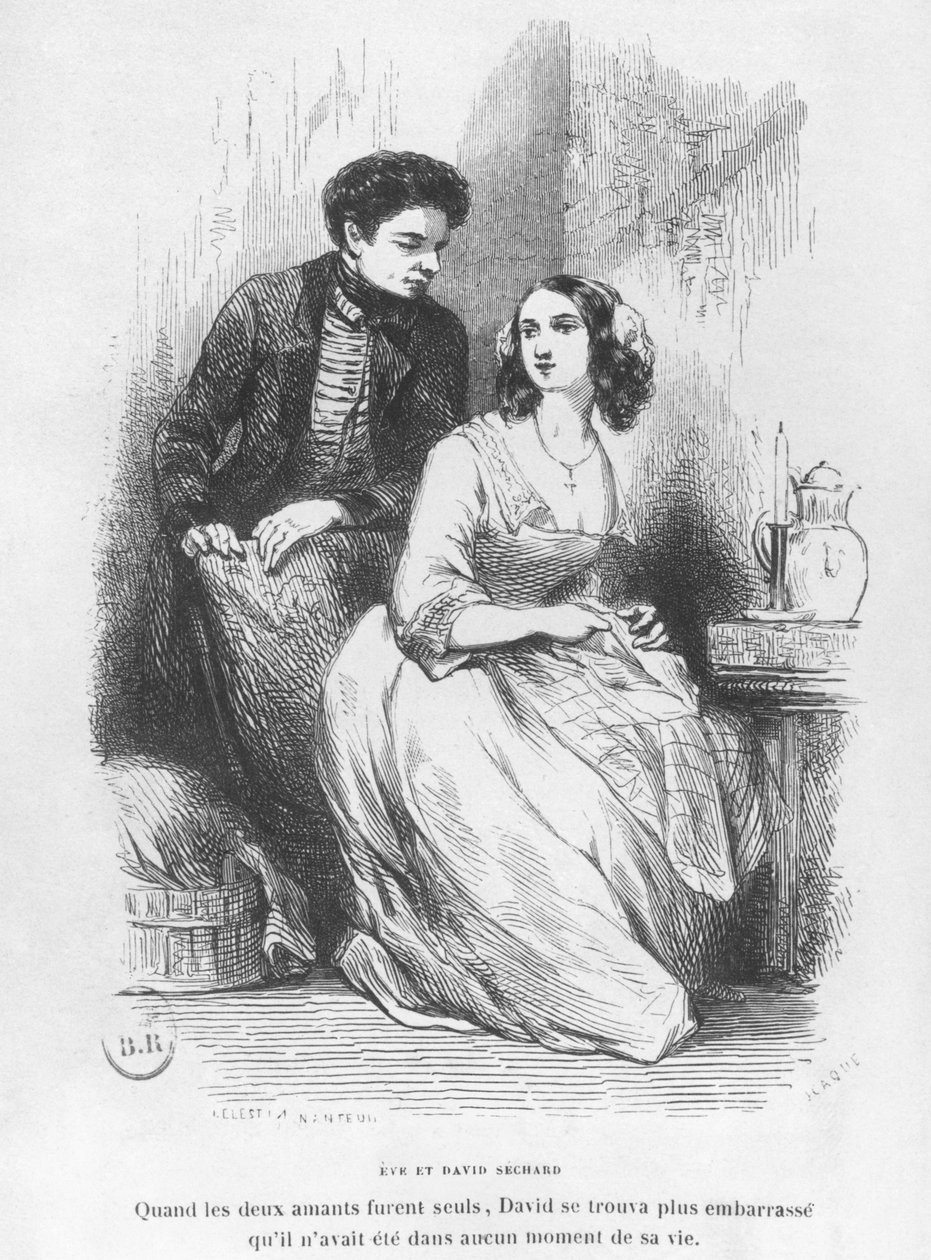Eve e David Sechard, ilustração de &39;Les Illusions perdues&39; por Honore de Balzac, publicado pela Editions Furne, 1842 de Celestin Francois Nanteuil