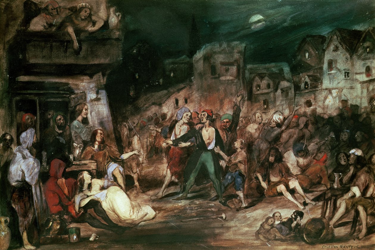 Gringoire na Corte dos Milagres, ilustração do capítulo VI de "O Corcunda de Notre Dame" de Victor Hugo (1802-85) 1835 de Celestin Francois Nanteuil