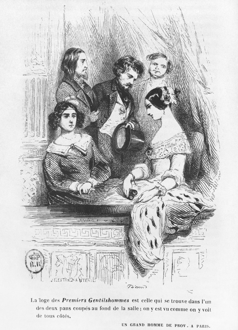 A caixa de teatro First Gentlemen, ilustração de "The Lost Illusions" de Honore de Balzac, publicada em 1842 de Celestin Francois Nanteuil