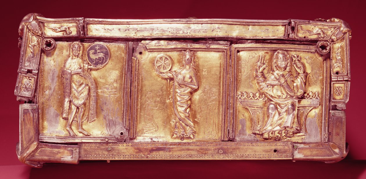 Painel lateral do santuário do livro Domnach Airgid, Clones, Condado de Monaghan, século VIII, remodelado em c.1350 (coberto com placas de bronze e prata) de Celtic