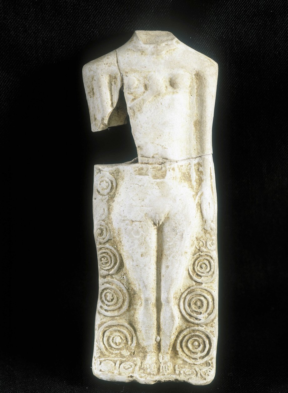 Mulher com três peitos. Estatueta feita pelo oleiro celta "Rextuguenos" assinatura e rouelles (só conhecido oleiro armoricano), para Laraire (lugar de oração numa villa romana) de Celtic