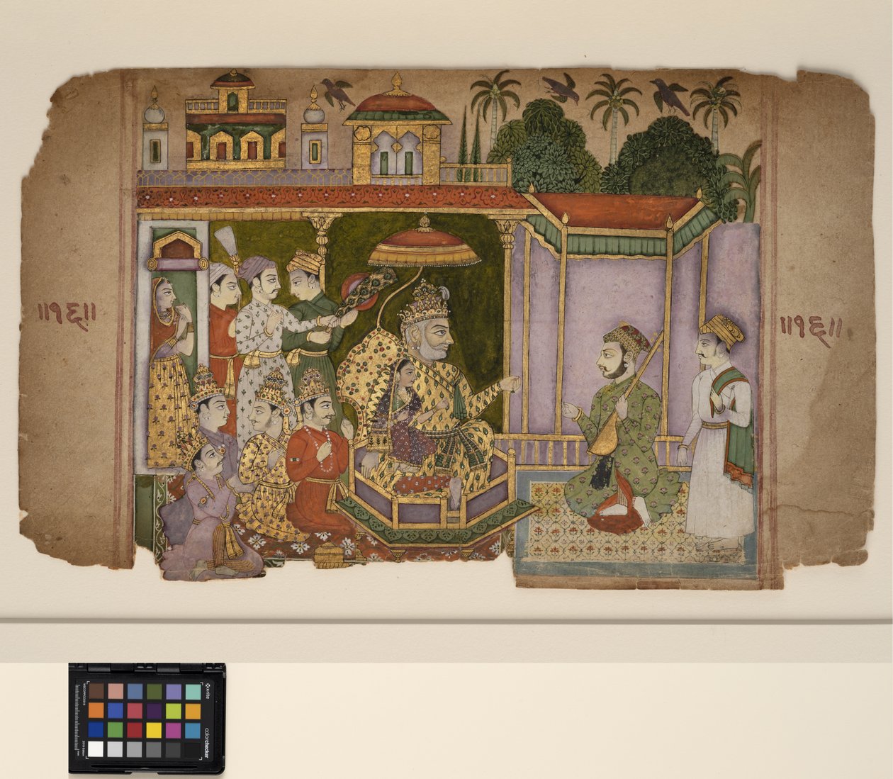 Um rei e cortesãos ouvem um músico, c.1750 (aguarela opaca e ouro sobre papel) de Central Indian School