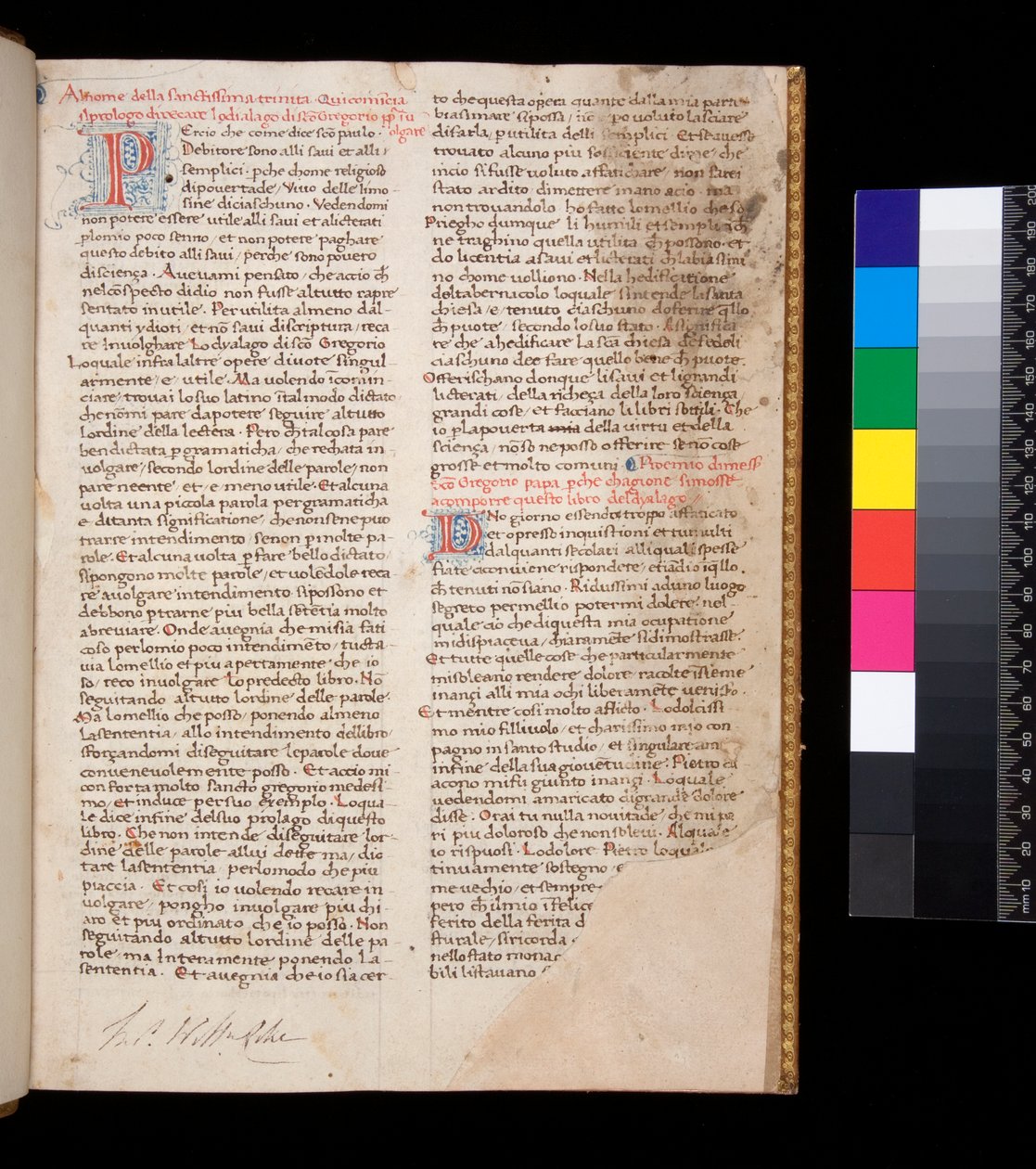 Sra. 148. Gregório o Grande, Dialogi em tradução italiana. por Domenico Cavalca, f.1r Letras decoradas [P] e [D] em vermelho com decoração por caneta em azul de Central Italian School
