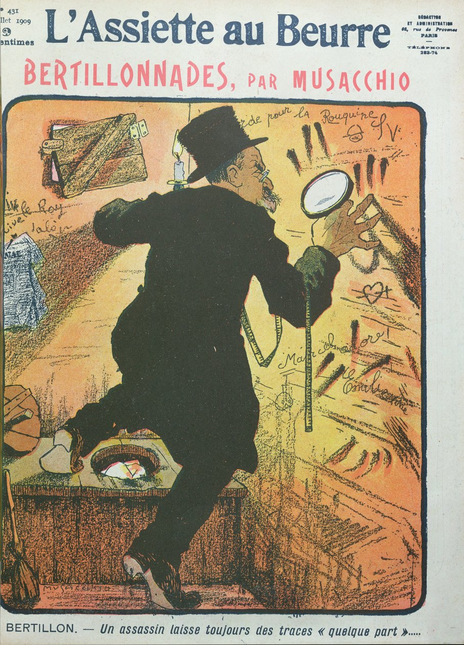 Caricatura do Doutor Alphonse Bertillon de &39;L&39;Assiette au Beurre&39;, julho de 1909 de Cesare Annibale Musacchio