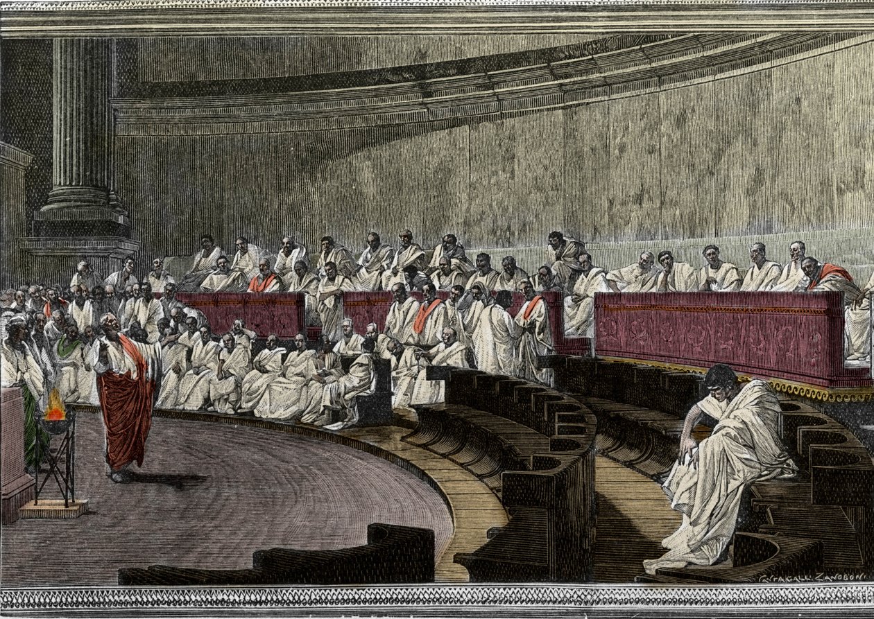 Ciceron denuncia o conspirador Catilina (Lucius Sergius Catilina) (108-62 AC) em 8 de Novembro 63 AC, A cena deroule em Roma no Senado, gravada após o fresco realizado entre 1882 e 1888 por Cesare Maccari (1840-1919). Roma Palazzo Madama. de Cesare (after) Maccari