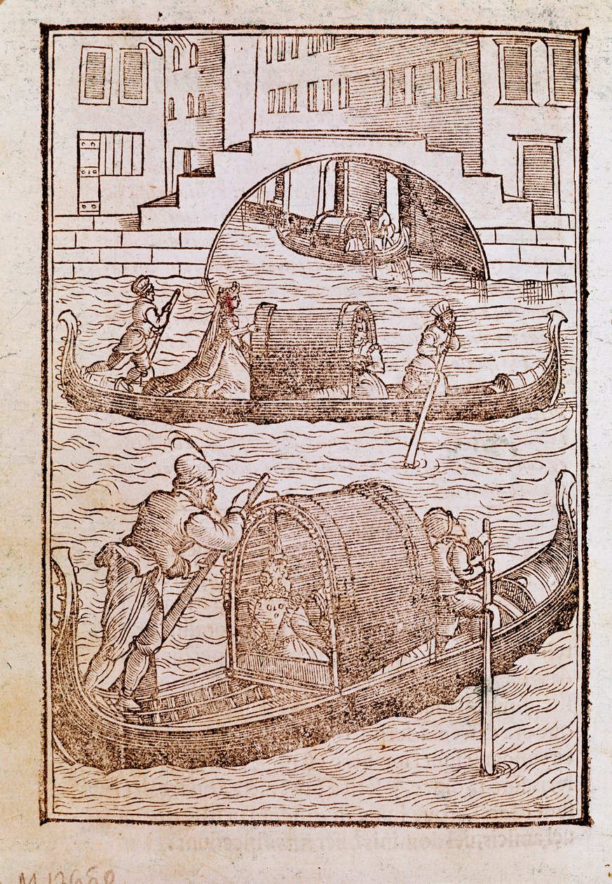 Gôndolas na lagoa de Veneza no século XV Gravura de "Degli abiti antichi e moderni" de Cesare Vecellio (1521-1601) 1590 Veneza Biblioteca Marciana de Cesare (after) Vecellio