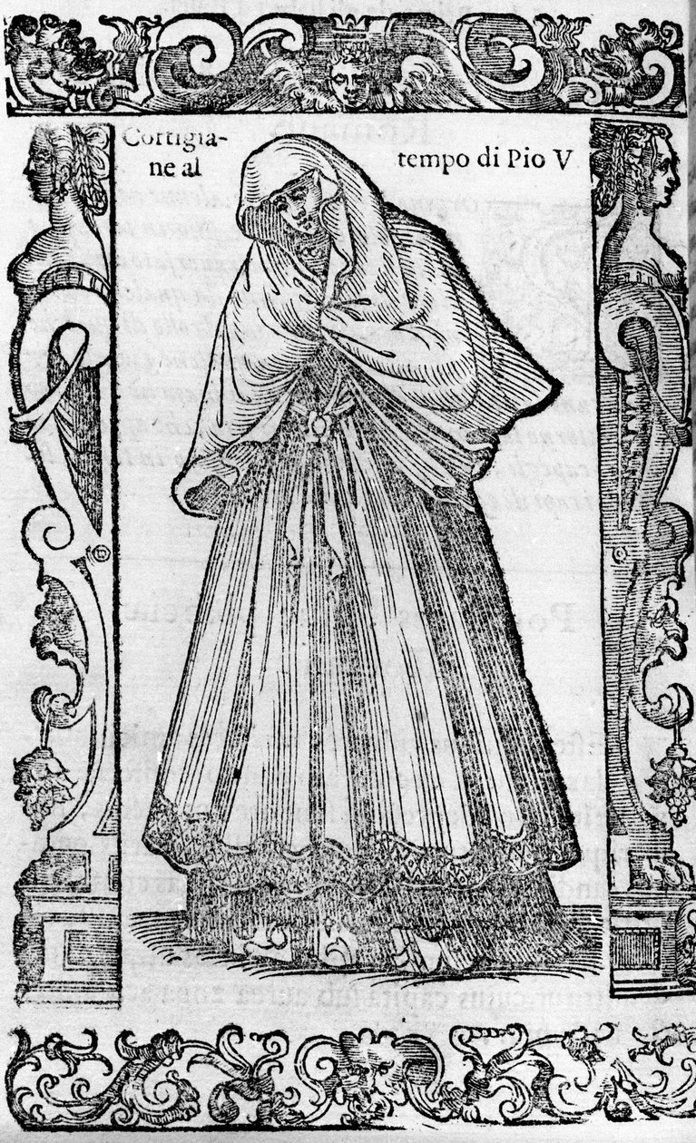 Renascença: uma cortesã na época do Papa Pio V (1566-1572). Gravura de "Roupas Modernas e Antigas" de Cesare Vecellio de Cesare (attr. to) Vecellio