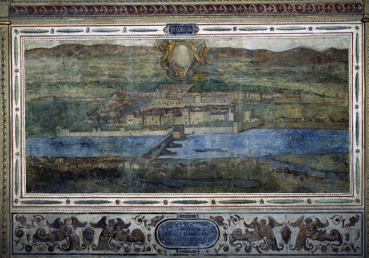 Vista da cidade de Innsbruck, Áustria. Vista das cidades do Império dos Habsburgos. Fresco do Tribunal Michelozzo no Palazzo Vecchio em Florença. Pintura de Sebastiano Veronese Giovanni Lombardi, Cesare Baglioni e Turino da Piamonte, cerca de 1565. Tamanho de Cesare Baglioni
